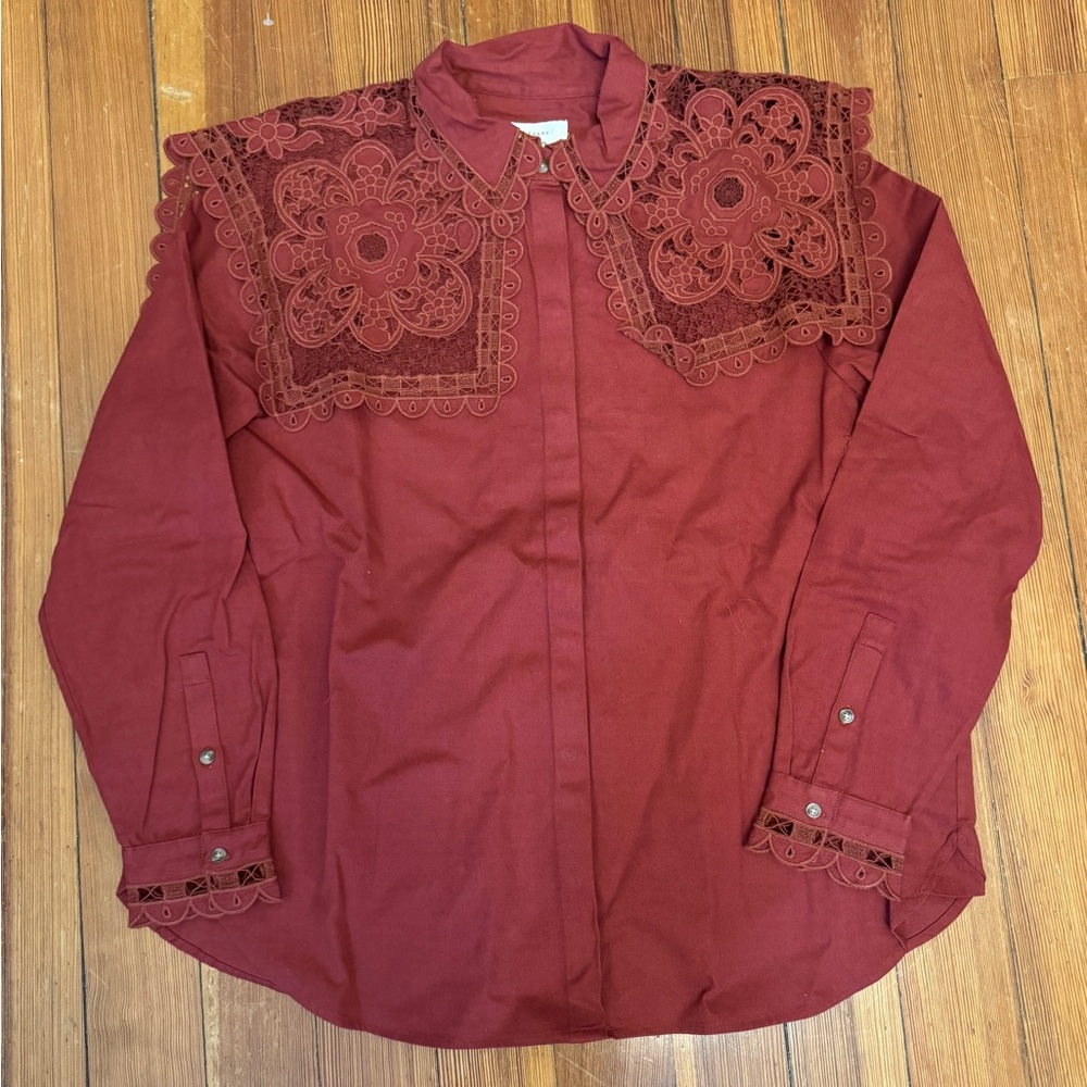 Sézane x Sea NY NWT Astrid Shirt in Burgundy Embroidery Size 38/US 6 - Picture 6 of 7